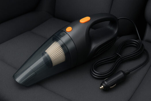 Снимка показваща прахосмукачка за автомобил, черна на цвят и захранващ кабел със свързане з а запалка