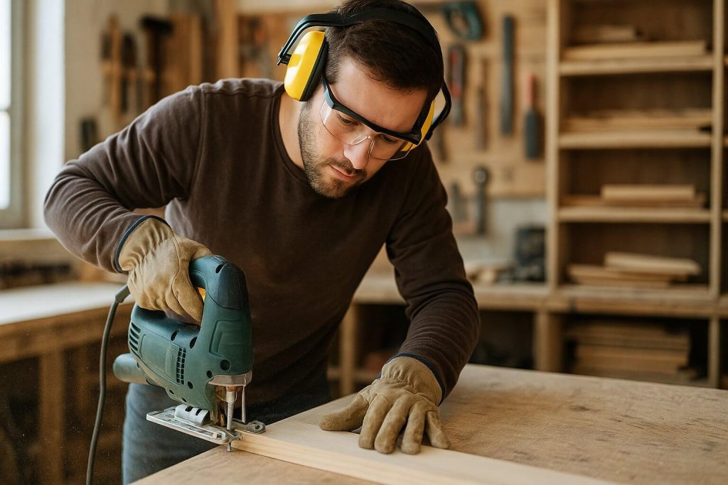 Човек с предпазни очила реже летва със зеге в работилница.