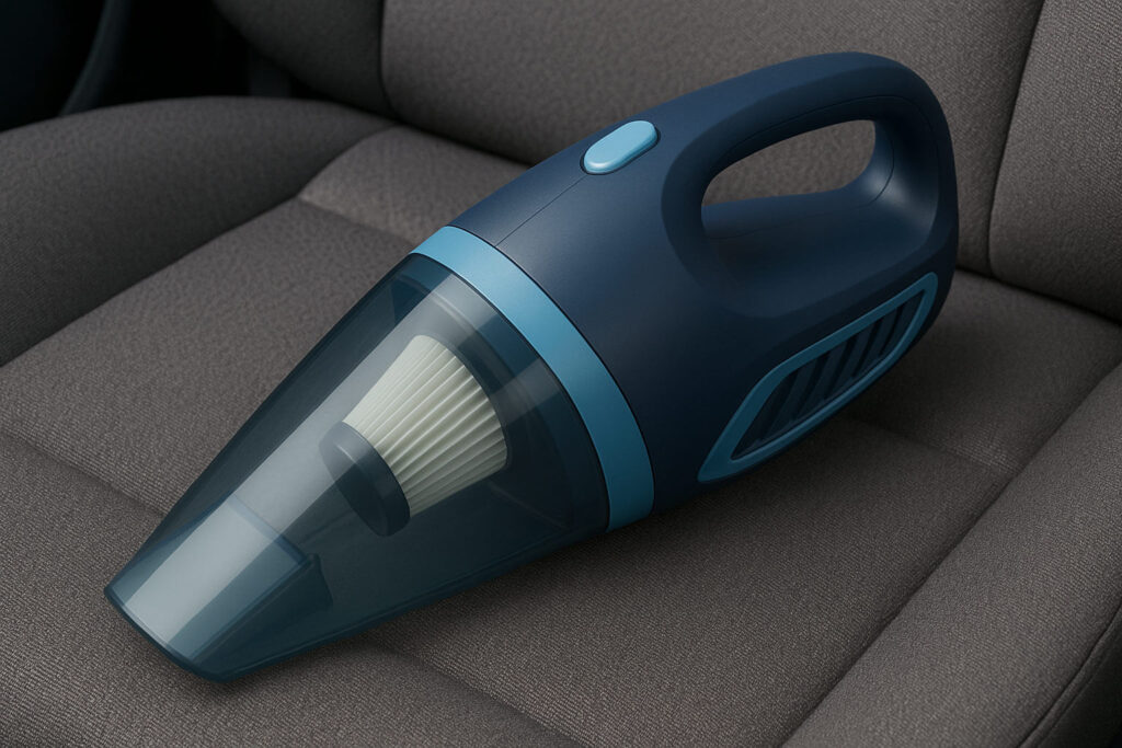 Безжична прахосмукачка за кола в тъмносиньо и светлосиньо, поставена върху сива автомобилна седалка