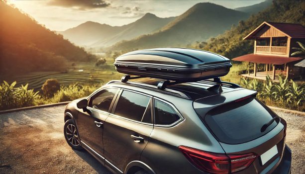 изображение на таванен багажник (автобокс) за кола, монтиран на покрива на превозно средство в живописна обстановка