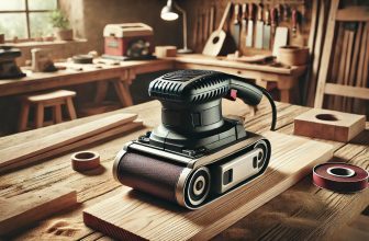 Ето изображение на лентов шлайф, разположен на работна маса в добре организирана работилница.