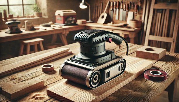 Ето изображение на лентов шлайф, разположен на работна маса в добре организирана работилница.