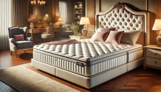 изображение на висококачествен матрак и спалня в луксозна обстановка