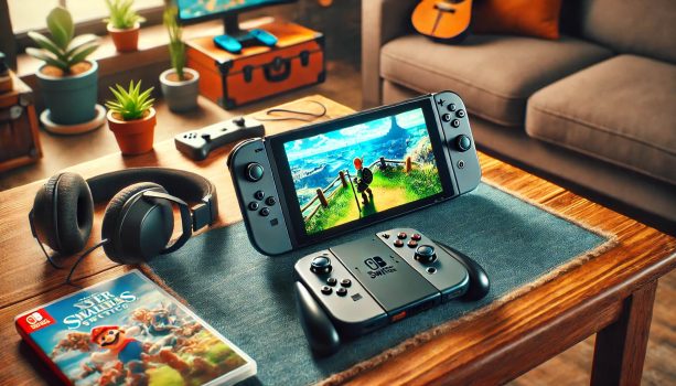 Nintendo Switch, разположена в уютна гейминг обстановка