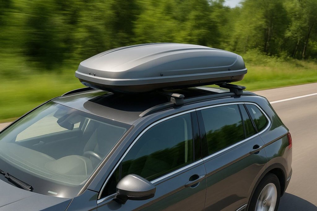 Тъмен SUV с монтиран сив таванен багажник се движи по път, акцентът е върху покрива и автобокса.
