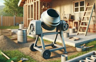 изображение на компактна бетонобъркачка, предназначена за домашни условия, разположена в задния двор или малка строителна зона