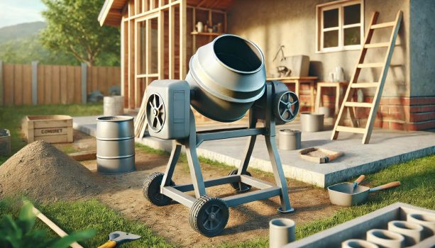 изображение на компактна бетонобъркачка, предназначена за домашни условия, разположена в задния двор или малка строителна зона
