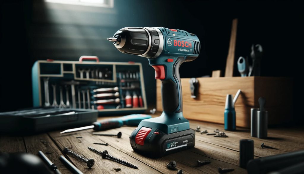изображение на винтоверт Bosch, разположен на работна маса