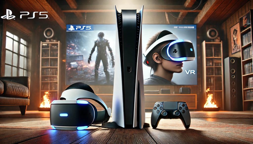 Всичко за плейстейшън 5 което трябва да знаете през 2026 21 изображение на PlayStation 5, заедно с VR хедсет, показващо потапящото преживяване на виртуалната реалност