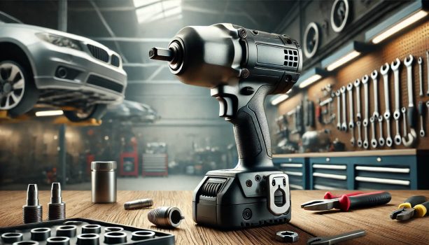 гайковерт, разположен на работна маса в добре организиран автосервиз