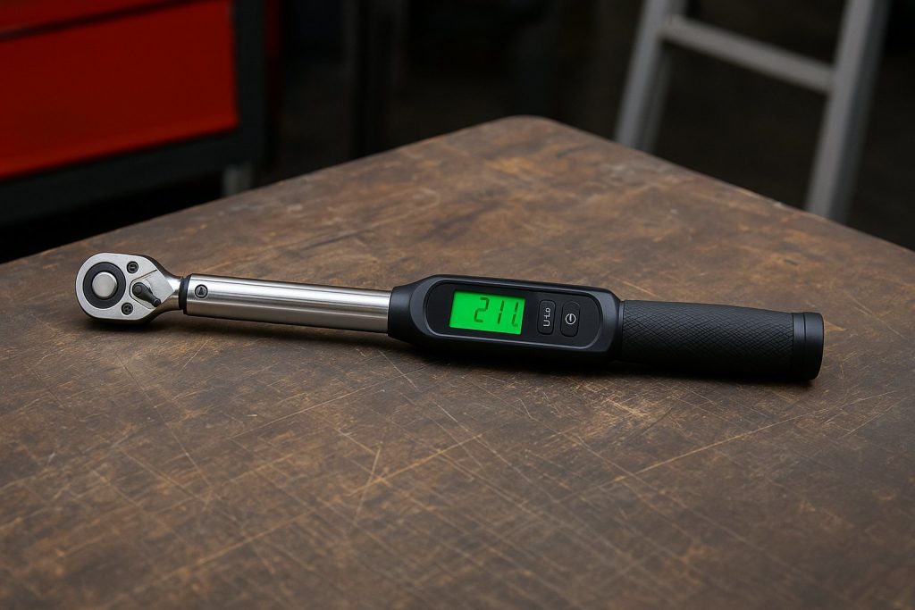 Дигитален динамометричен ключ с дисплей, показващ стойност 21.1, поставен върху работна маса в сервиз.