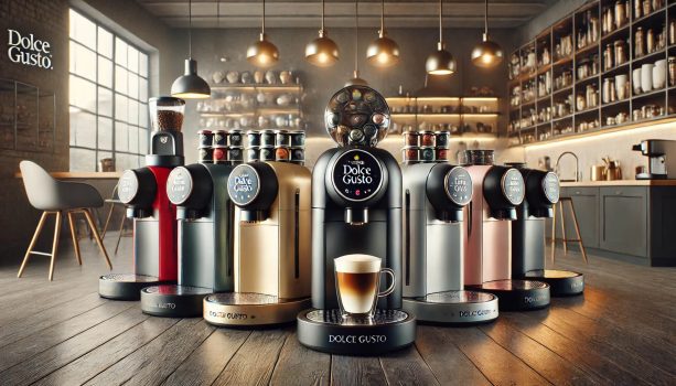 изображение, показващо различни модели кафемашини Dolce Gusto в стилна кухненска обстановка