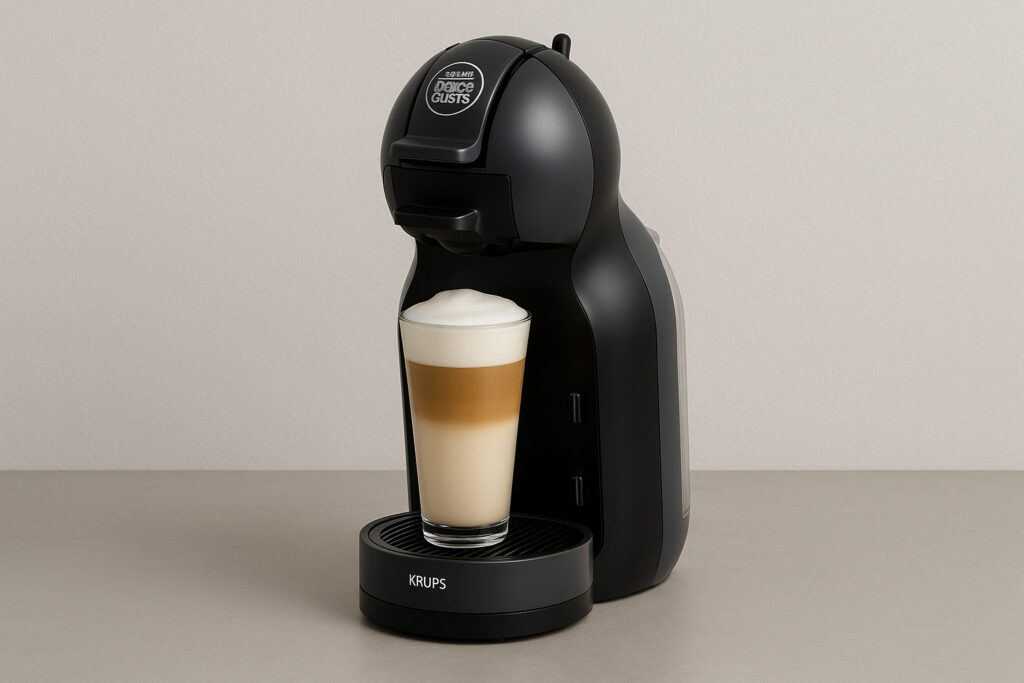Черна кафемашина KRUPS Dolce Gusto Mini Me приготвя лате макиато на сив плот пред неутрална стена