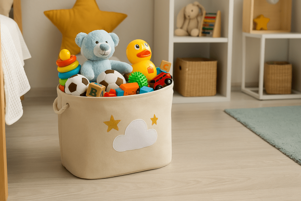 Бежов кош, пълен с цветни детски играчки, поставен на пода в уютна и добре подредена детска стая.
