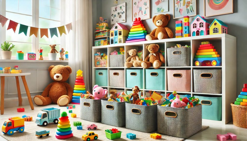 изображение на детска стая с кошове за играчки, подредени до стената