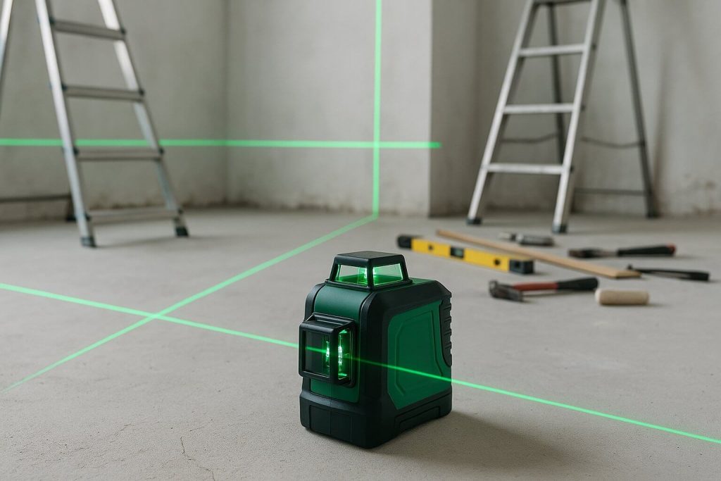 Зелени лазерни линии от нивелир върху стени и под в стая в ремонт с инструменти и стълби на заден фон.