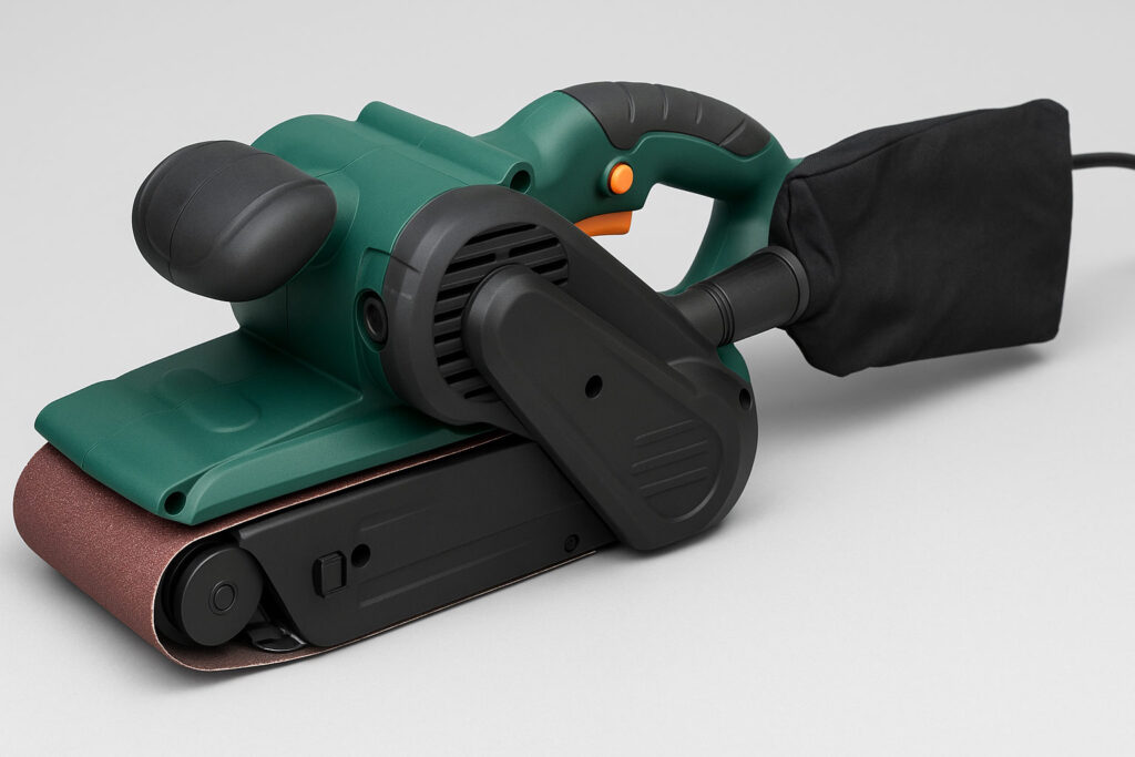 Зелен и черен лентов шлайф с шкурка и прахоуловител, заснет върху светлосив фон