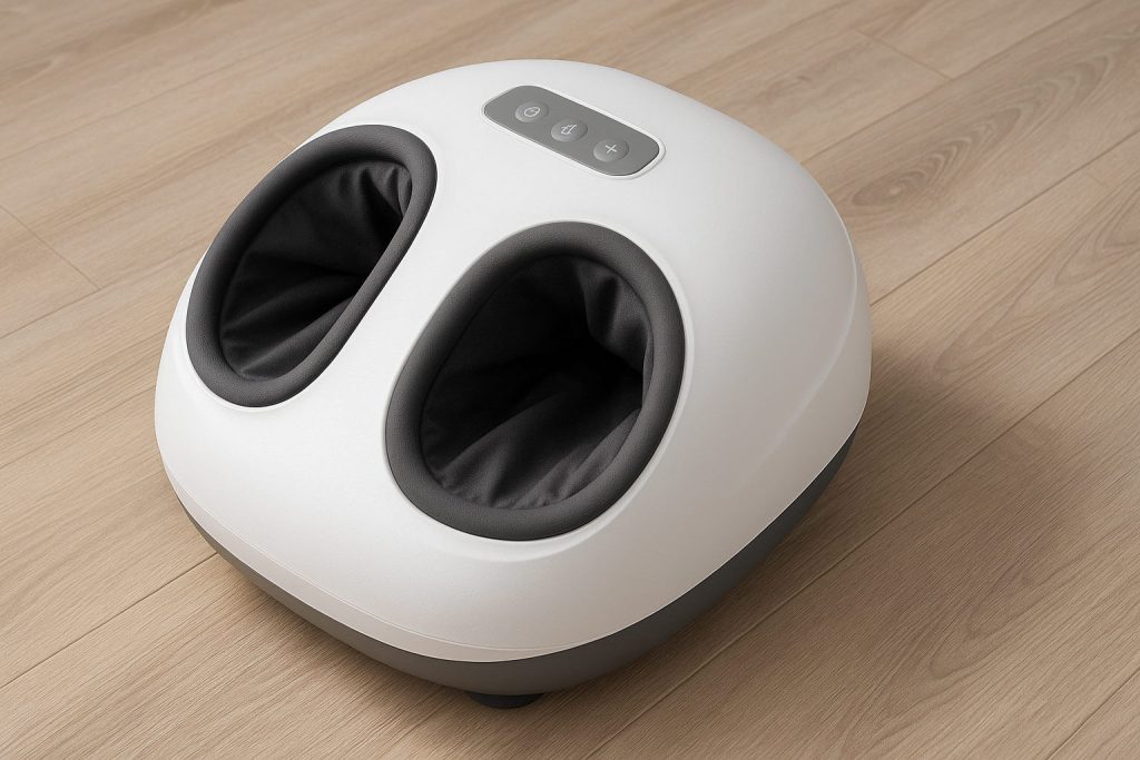 Бял електрически масажор за крака с черна вътрешна облицовка и контролен панел, поставен върху дървен под