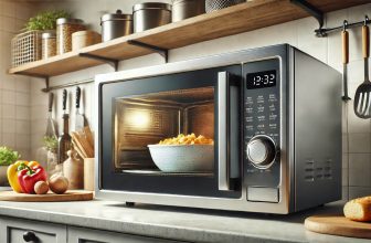 изображение на модерна микровълнова печка, разположена на кухненски плот.