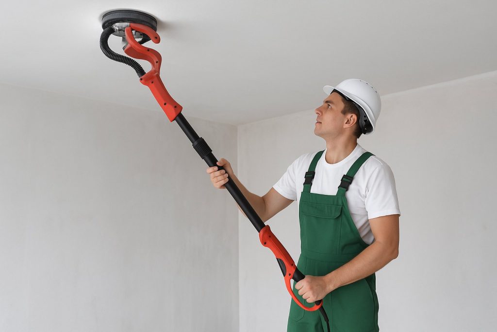 Работник с бял каска и зелен гащеризон шлайфа таван с червен "жираф" в стая в ремонт.