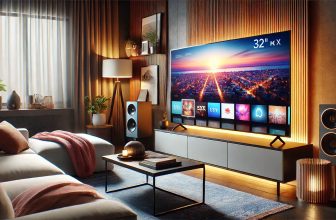 изображение на 32-инчов телевизор, поставен в уютна домашна обстановка