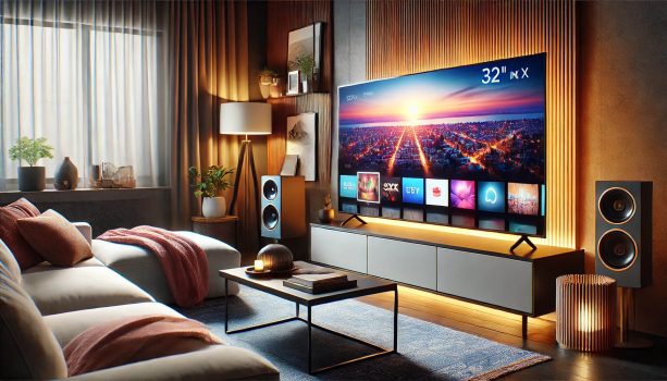 изображение на 32-инчов телевизор, поставен в уютна домашна обстановка