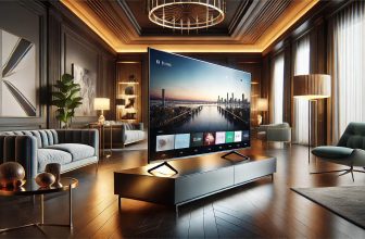 изображение на луксозен 55-инчов телевизор, поставен на модерна стойка в изискана обстановка