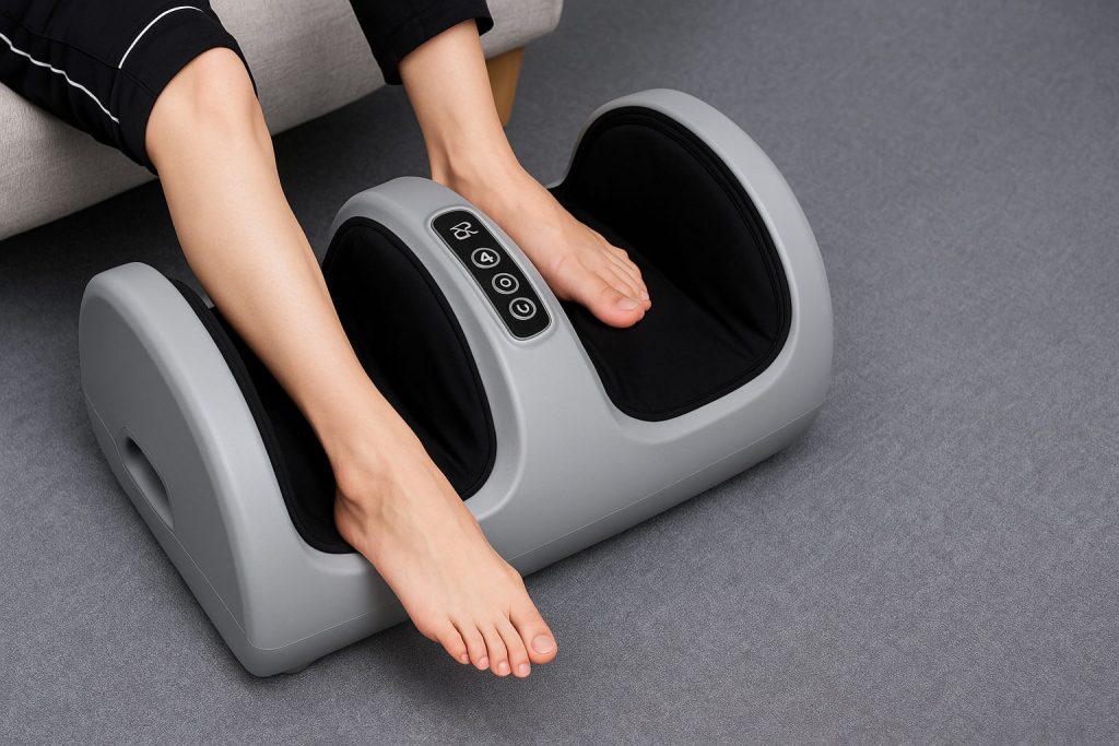 Масажор за крака със сив корпус и черни зони за стъпалата, докато човек седи и използва уреда върху сив килим
