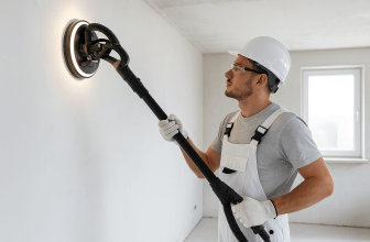 Работник с каска и защитни очила шлайфа стена с шлайфмашина тип жираф в светла стая в ремонт.