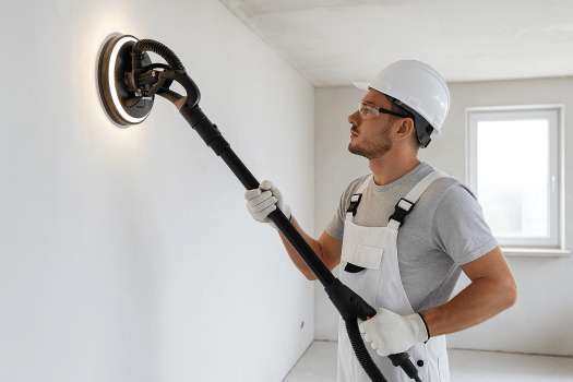 Работник с каска и защитни очила шлайфа стена с шлайфмашина тип жираф в светла стая в ремонт.