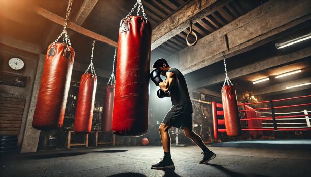изображението с червена боксова круша и боксьор, който я удря