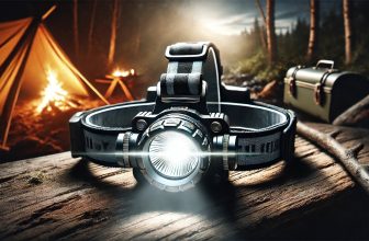 изображение на светещ челник за глава поставен на туристическа маса вечер в бивак
