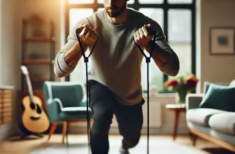 изображение на мъж, който тренира с фитнес ластици у дома