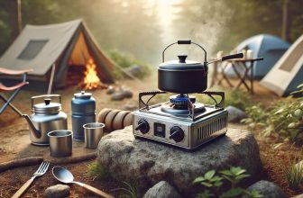 преносим газов котлон за къмпинг, показан в уютна къмпинг среда