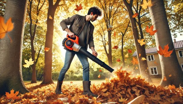 събиращ листа с листосъбирач сред есенна природа