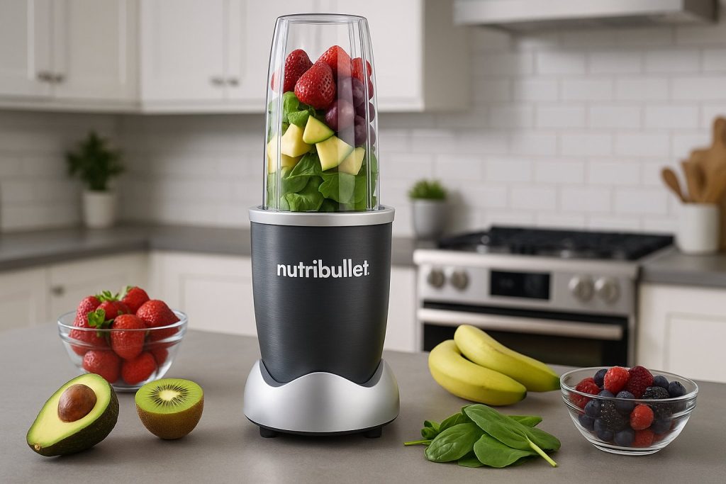 Блендер NutriBullet, пълен с плодове и зеленчуци, разположен на кухненски плот със свежи продукти в модерна кухня.