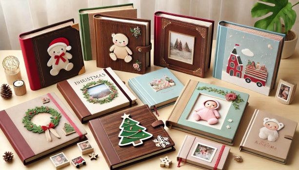 различни видове албум за снимки поставени на маса