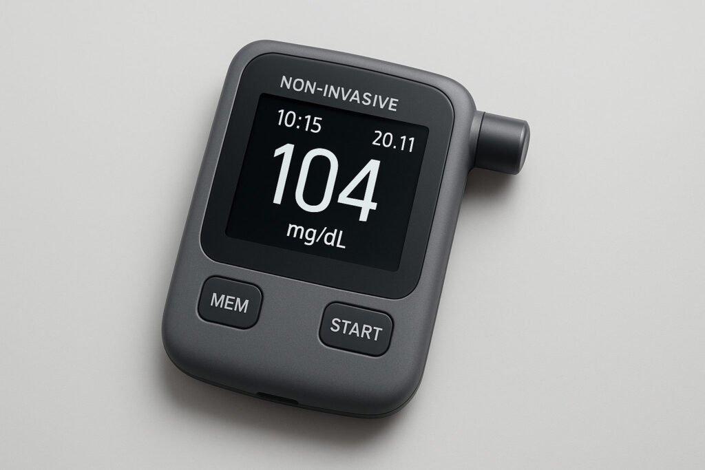 Сив безкръвен глюкомер с дисплей, показващ 104 mg/dL, поставен върху светлосив фон