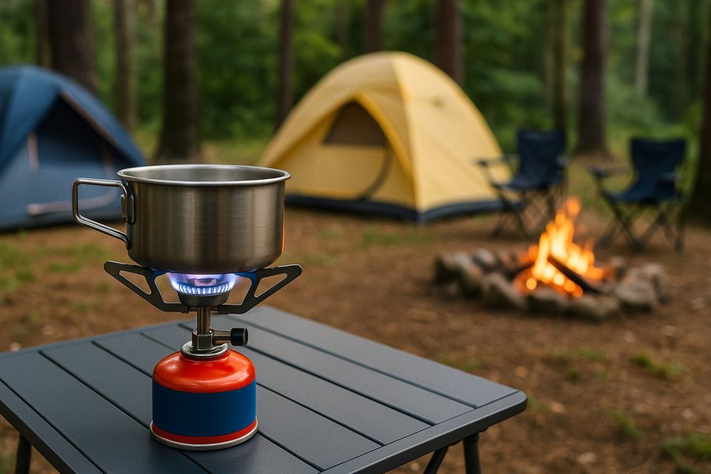 Газов котлон с готвещ съд, поставен върху къмпинг маса, с палатки, огън и столове в горски лагер.