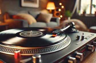 изображение на грамофон с въртяща се плоча в уютна домашна обстановка