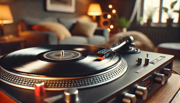 изображение на грамофон с въртяща се плоча в уютна домашна обстановка