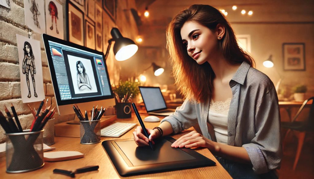 изображение с млада жена, която рисува на графичен таблет в уютно и вдъхновяващо студио