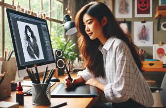 изображението, показваща млада жена, която рисува на графичен таблет в модерно и уютно работно пространство