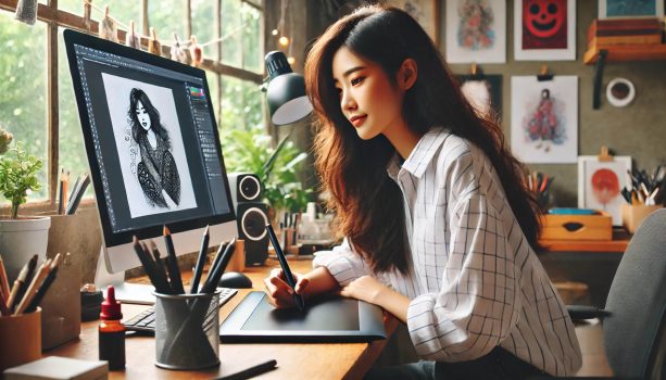 изображението, показваща млада жена, която рисува на графичен таблет в модерно и уютно работно пространство