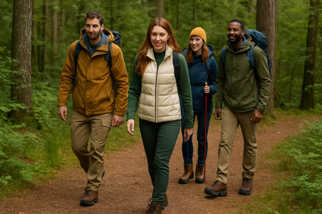 Четирима туристи, облечени в туристическо облекло и с раници, вървят по горска пътека с туристически обувки