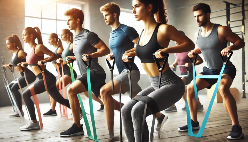 група хора, които тренират с ластици
