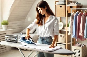 изображение на жена, която глади риза върху дъска за гладене в светла и подредена стая