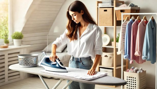 изображение на жена, която глади риза върху дъска за гладене в светла и подредена стая