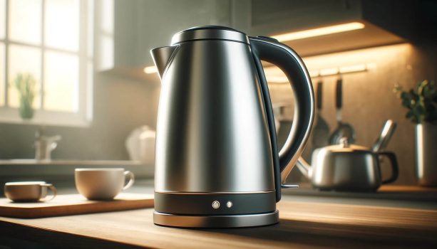 изображение на модерна електрическа кана за вода, поставена на кухненски плот