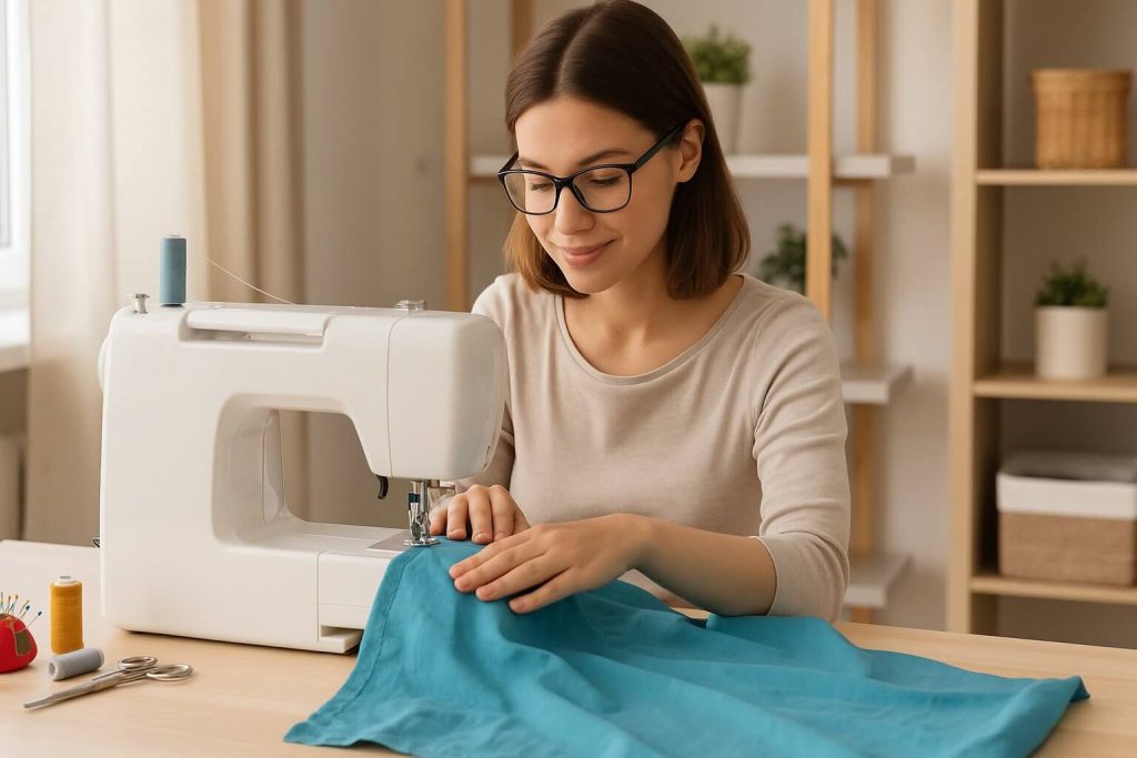 Жена използва шевна машина в домашна среда, шие син плат.